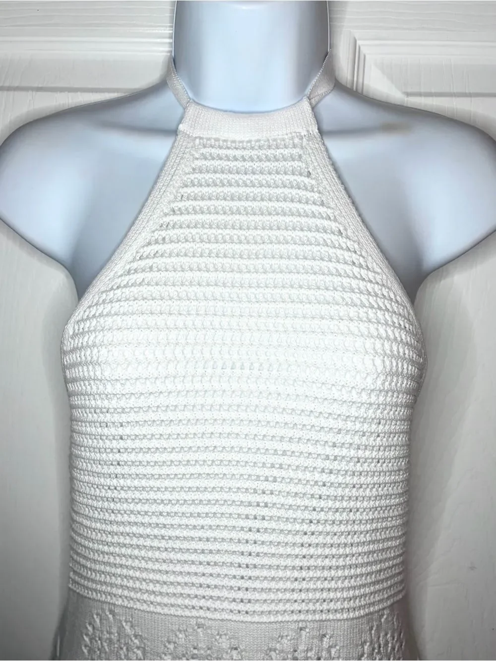 Frye Textured Knit Bright White Crochet Halter Midi Dress Sweater Dress M NWT